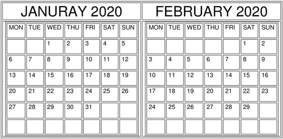 January February 2020 Calendar Excel Pdf Template Free Latest