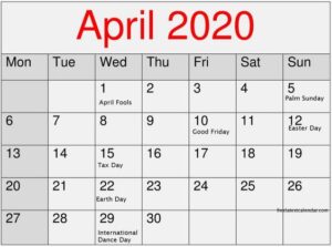 April 2020 Calendar Printable Template