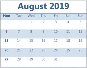 August 2019 Calendar Printable Weekly