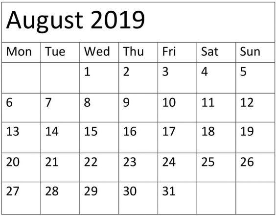 August 2019 Calendar Template Word