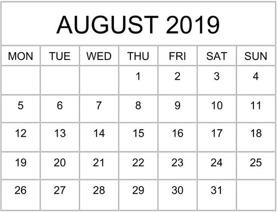 August 2019 Printable Calendar Template