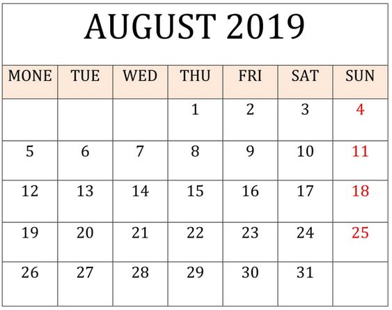 August Calendar 2019 For Pinterest