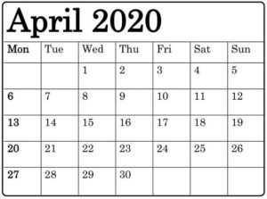Blank April 2020 Calendar Free Download