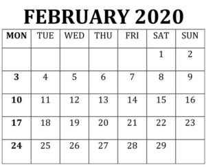 Blank February 2020 Calendar Template
