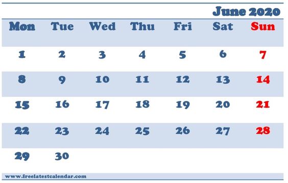 Blank June 2020 Calendar Colorful