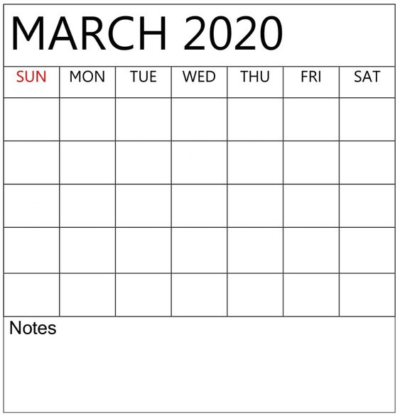 Blank March 2020 Calendar Print