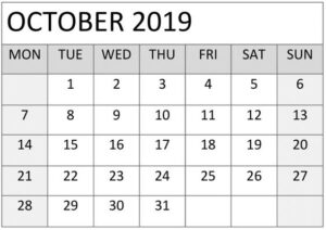 Blank October 2019 Calendar Weekly
