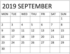 Blank September 2019 Calendar PDF