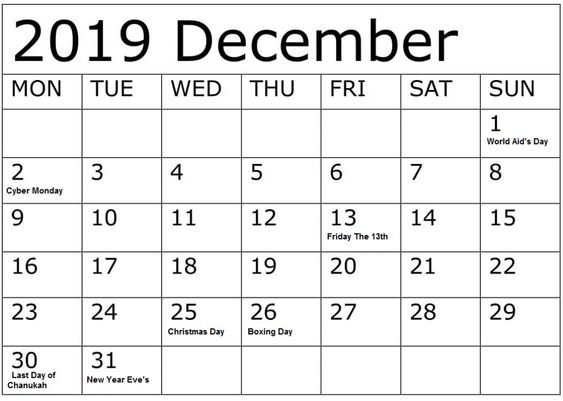 December 2019 Blank Calendar Template