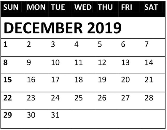 December 2019 Calendar PDF