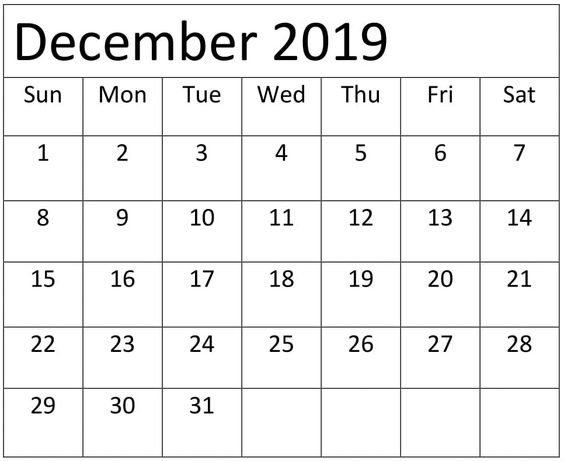 December 2019 Calendar Printable Template