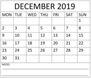 December Calendar 2019 Printable