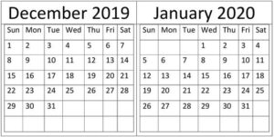 December January 2020 Calendar Printable Template
