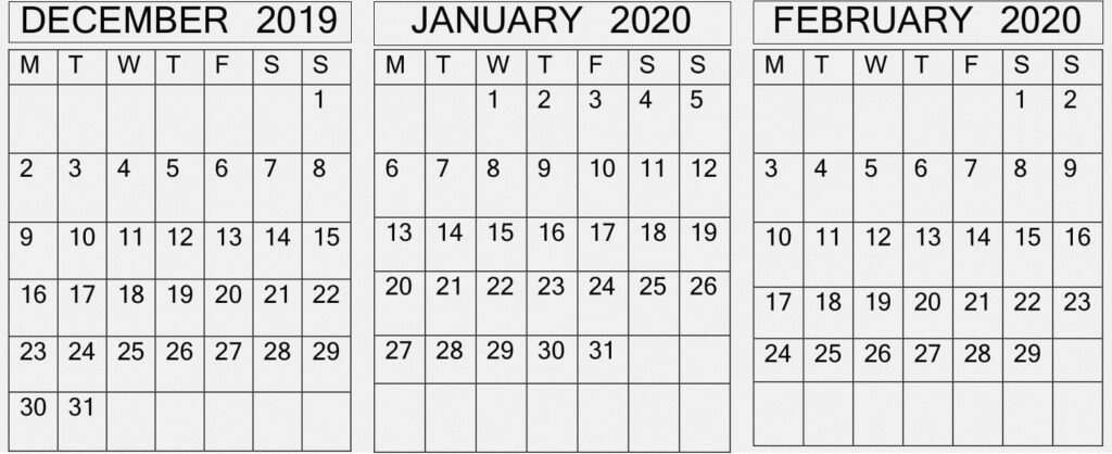 December January February 2020 Calendar Free Download