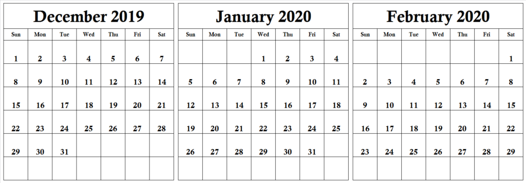 December January February 2020 Calendar Notes