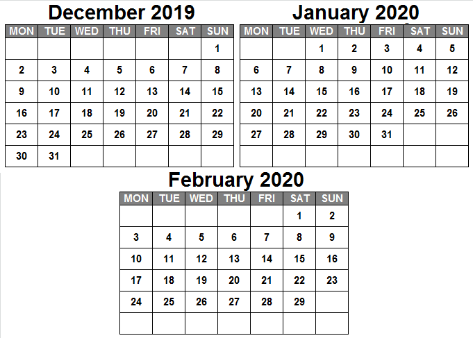 December January February 2020 Calendar Print