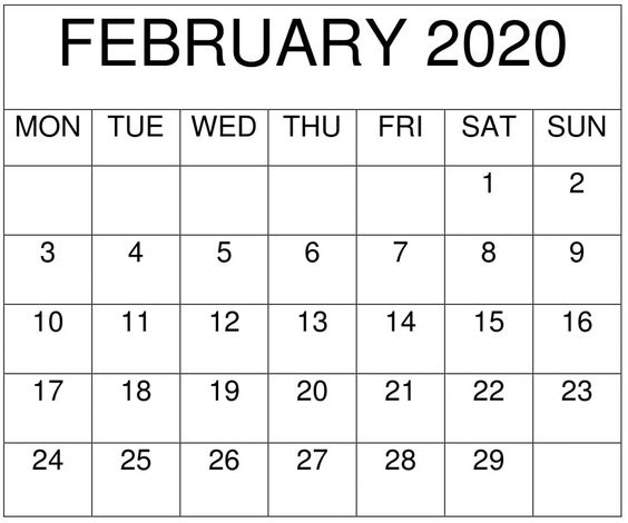 February 2020 Calendar Printable Free Download