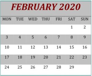February Calendar 2020 Template