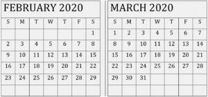 February March 2020 Calendar Printable