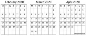 February March April 2020 Calendar Editable