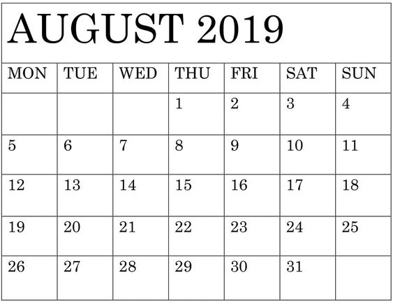 Free August 2019 Printable Calendar