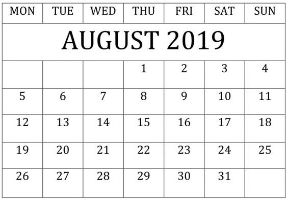 Free Printable August 2019 Calendar Editable