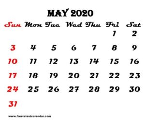 Free Printable May 2020 Calendar