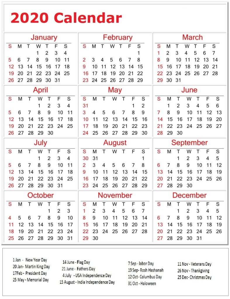 Free Printable Yearly 2020 Calendar