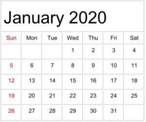 January 2020 Calendar Template Word