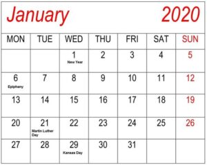 January 2020 Printable Calendar Template