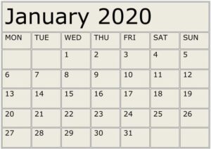 January Calendar 2020 Word, PDF, Excel