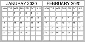 January February 2020 Calendar Two Month Template