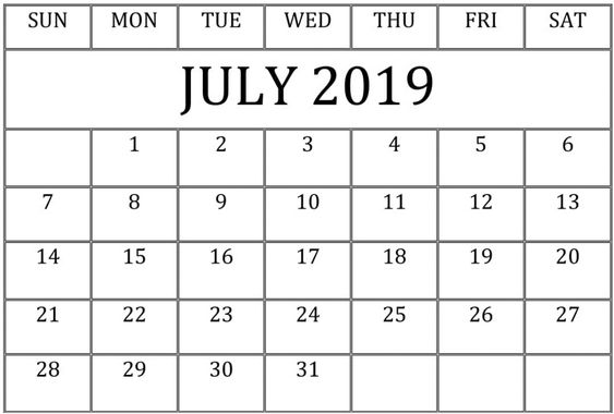 July 2019 Calendar Cute