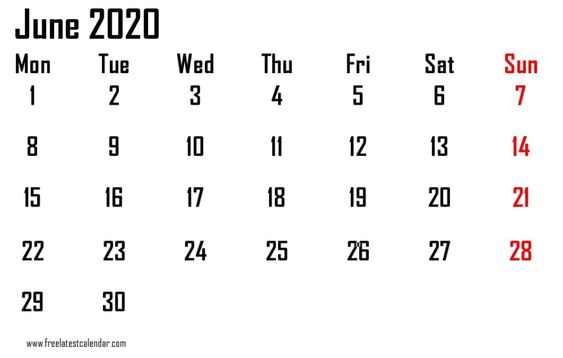 June 2020 Blank Calendar Print