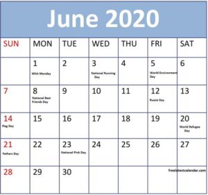 June 2020 Calendar Printable Word
