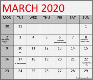 March 2020 Calendar Printable Holiday Notes