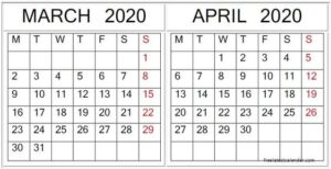 March April 2020 Calendar Printable