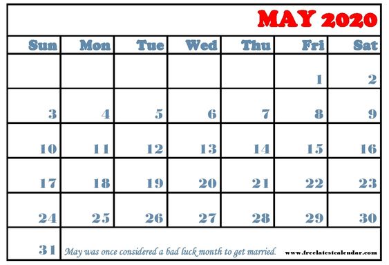 May 2020 Calendar Editable Template