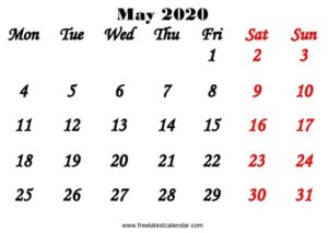 May 2020 Calendar Printable