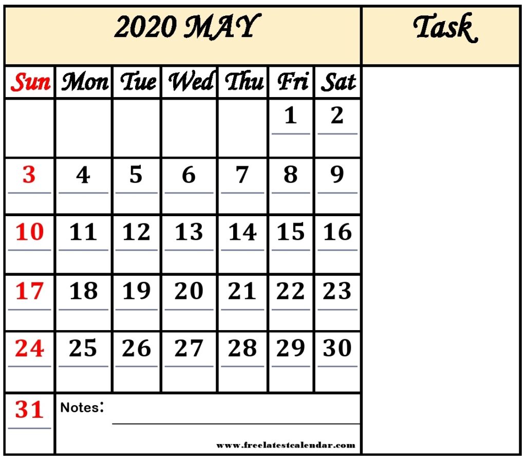 May 2020 Calendar Printable Template