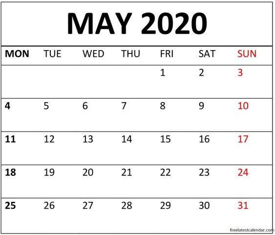May 2020 Printable Calendar Downloadable