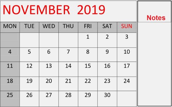 Read more about the article November 2019 Calendar Template PDF, Excel, Word