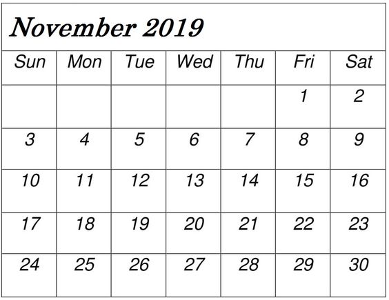 November 2019 Printable Calendar Template