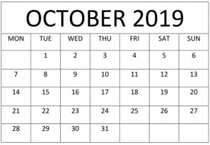October 2019 Calendar Monthly Template