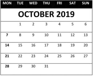 October 2019 Printable Calendar Bold Font
