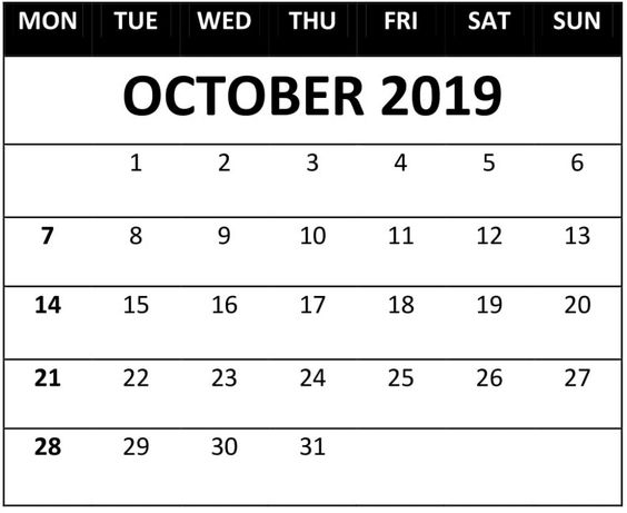 Read more about the article October 2019 Printable Calendar One Page Template