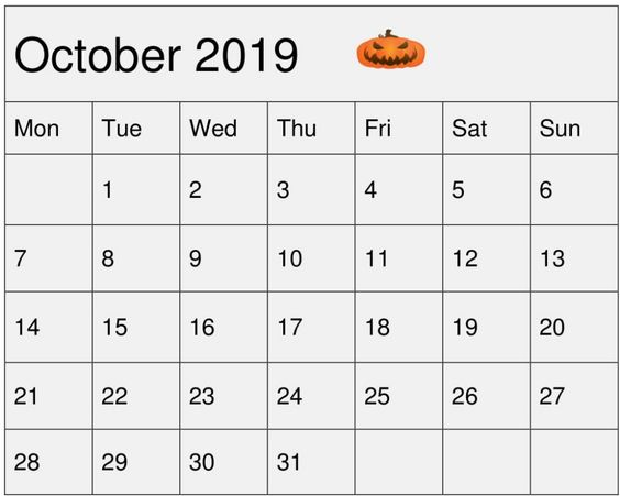 October Calendar 2019 Grey Color