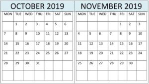 October November 2019 Calendar Landscape
