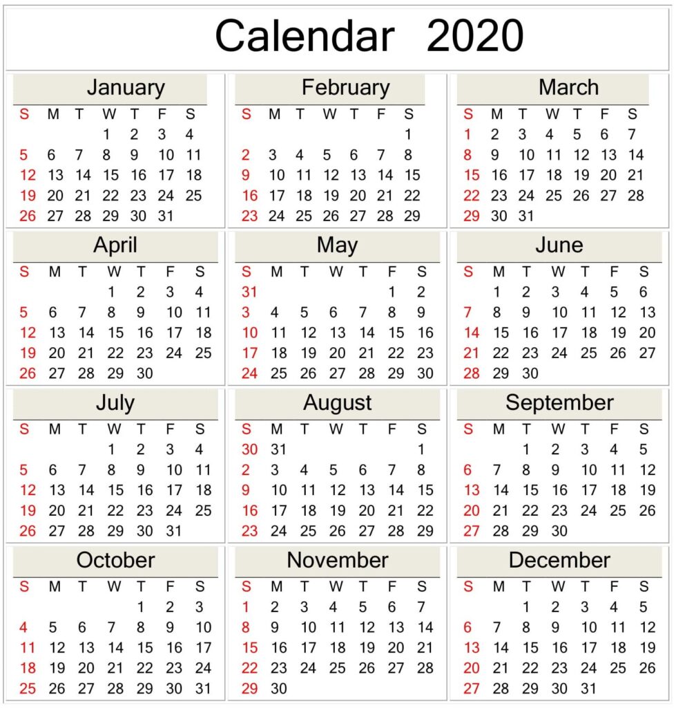 Printable 2020 Calendar Template