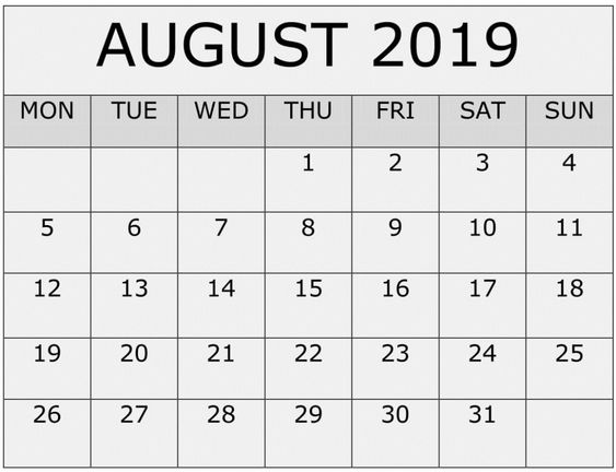 Printable August 2019 Calendar Monthly